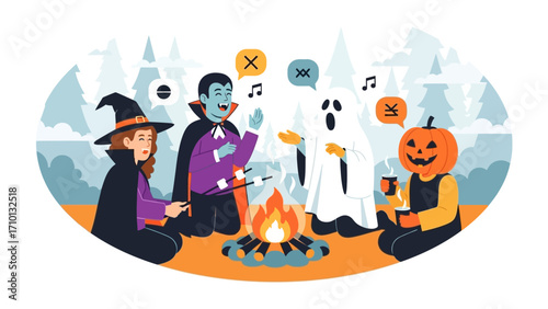 Spooky Storytelling: Halloween characters gathering around a campfire sharing spooky stories in a creative illustration.