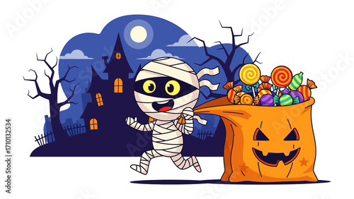 Happy Halloween: A whimsical cartoon mummy, arm in arm with a smiling carved pumpkin, joyfully skips against the backdrop of a spooky haunted house under the glow of a full moon.