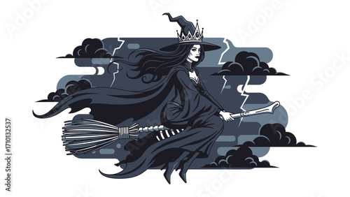Celestial Witchery: A bewitching illustration of a witch soaring through a stormy sky on her broom, a fantasy of spooky season and witchcraft.