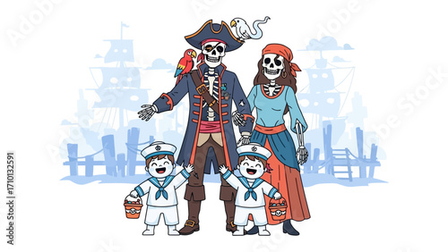 Pirate Family Portrait: A whimsical and playful illustration depicting a skeleton pirate family, complete with a captain, a pirate wife, and two sailor children.
