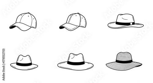 Line art illustration depicting various styles of hats and headwear