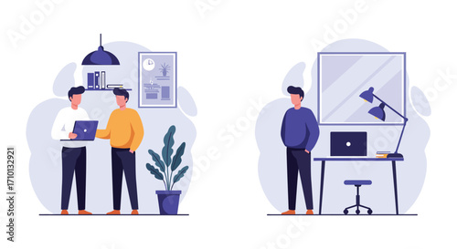Modern workspace illustration featuring two men collaborating and a desk setup