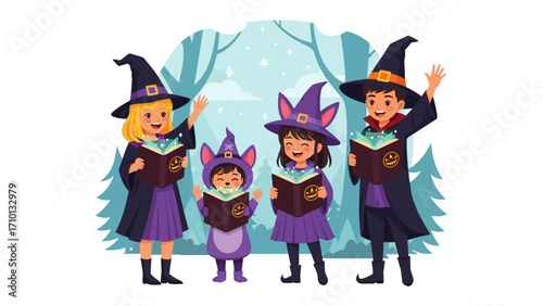 Children's Halloween Costume: A group of children dressed in Halloween costumes, each holding a spell book, creating an atmosphere of fantasy and magic amidst a spooky forest backdrop. 