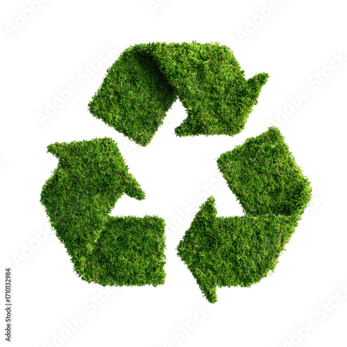 Green recycling symbol made of lush grass against a stark black background symbolizing environmental sustainability