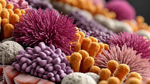 Colorful microbiome gut lining bacteria flora villus mucosa colony close up texture health intestinal microbial diversity healthy