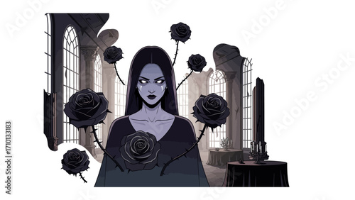 Gothic Beauty: A gothic portrait of a mysterious figure, surrounded by black roses, in a room with gothic architecture. The image captures an atmosphere of dark elegance and fantasy.
