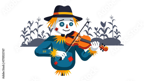 Scarecrow's Serenade: An animated scarecrow figure joyfully plays a violin with a beaming smile on its face, with backdrop of a field of crops in an engaging cartoon illustration.