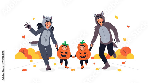 Family Halloween Fun: A happy family dressed up in creative costumes is walking together. A playful scene of seasonal cheer.