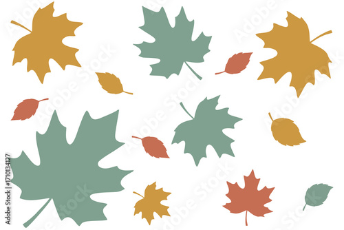 Colorful autumn leaves scattered on a white background in a simple flat design