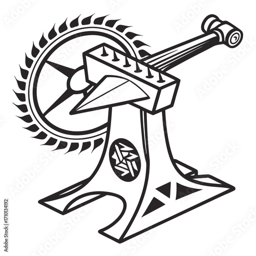 Artistic black and white illustration of an anvil combined with metalworking tools, symbolizing craftsmanship and industrial strength