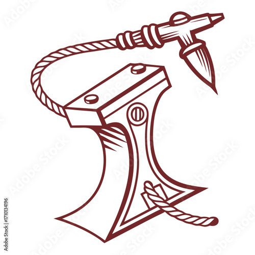 Industrial Anvil with Hammer Tool and Rope - A Symbol of Craftsmanship and Hard Work