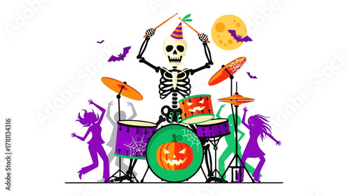 Spooky Beats: A whimsical scene unfolds as a skeletal drummer, donning a party hat, passionately plays his drums, illuminated by the full moon and accompanied by dancing figures.