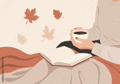Woman enjoys coffee and a book on a cozy autumn day with falling leaves around