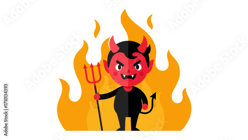Fiery Demon: A mischievous devil, complete with horns and a trident, stands amid a roaring inferno, with an air of playful menace in this expressive illustration.
