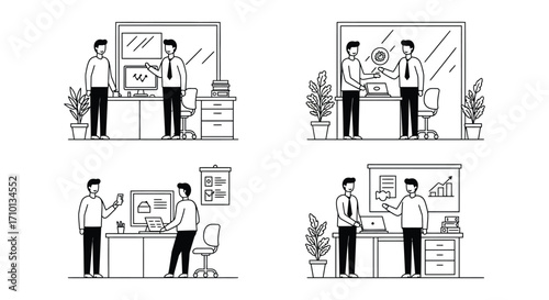 Office scenes depicting business professionals collaborating and working in modern workspaces