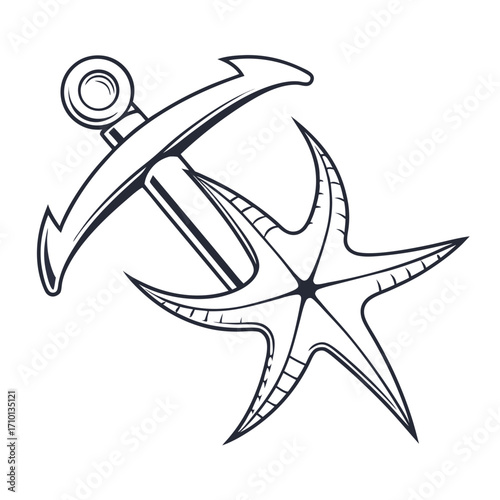 Nautical Anchor and Starfish Monochrome Illustration