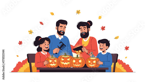 Happy Pumpkin Carving: A warm, illuminated illustration depicts a family joyfully carving pumpkins for Halloween, embodying autumnal spirit and shared traditions.