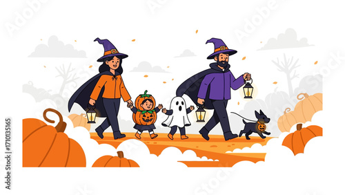 Spooky Halloween Walk: A family, dressed in charming Halloween costumes, strolls along an autumn landscape with an orange theme, embodying the spirit of celebration.