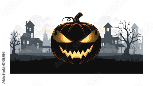 Halloween Pumpkin Silhouette in Spooky Scene: A spine-chilling Halloween scene unfolds with a glowing pumpkin centerpiece, surrounded by eerie silhouettes of haunted houses and gnarled trees.