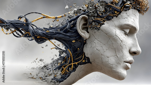A human head exploding with chaotic wires, symbolizing sensory overload and mental strain