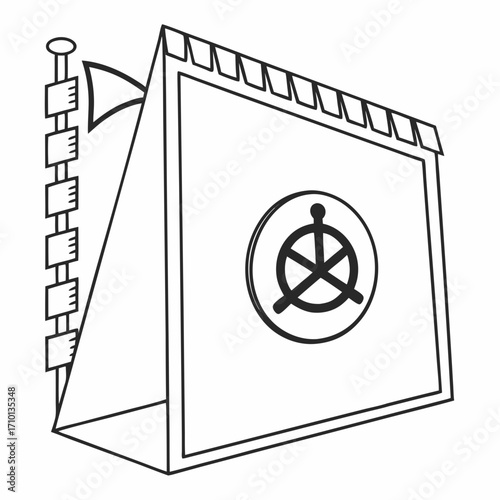Line art illustration of a ceremonial banner featuring an abstract philosophical wheel symbol, depicting cultural or spiritual significance