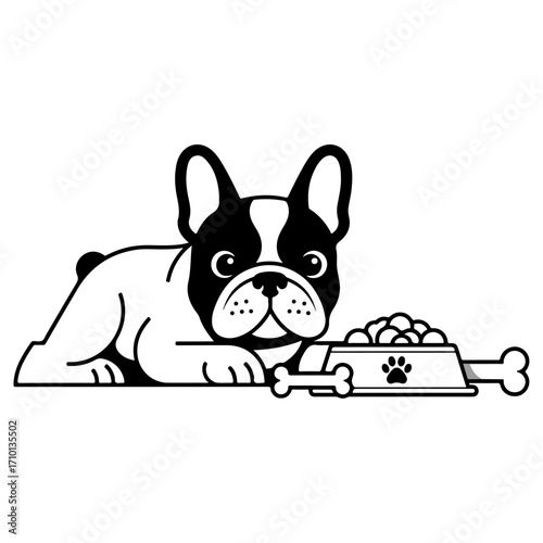 French Bulldog with food bowl, ready to eat.