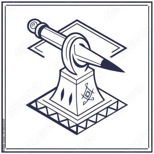 Concept of a stylized blade piercing a solid pedestal, representing strength and unwavering resolve