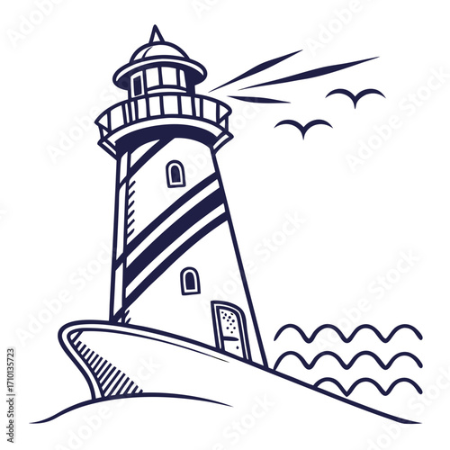 Coastal Beacon Striking Lighthouse Illustration with Birds in Flight