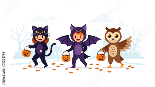 Halloween Trio's Trick-or-Treating: Three adorable children in charming costumes—a cat, a bat, and an owl—eagerly embark on their trick-or-treating adventure.