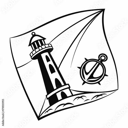 Classic monochrome illustration symbolizing maritime safety and guidance with a majestic lighthouse and compass emblem
