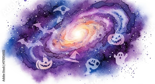 Fototapeta Naklejka Na Ścianę i Meble -  Cosmic Halloween Galaxy Watercolor Painting Spooky Space Art for Walls