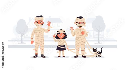 Spooky Mummy Family: A family, transformed into playful mummies, wave hello, bringing Halloween spirit to life with joy and excitement. 
