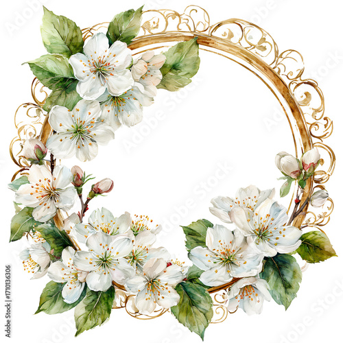 a delicate watercolor wreath of blossoming apple branches encircles a golden ornate frame, creating a springlike and elegant design.