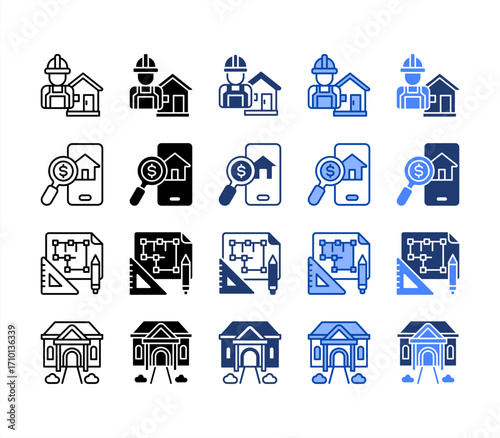 Builder, Searching, Blueprint, Mansion, multiple style icon set.
