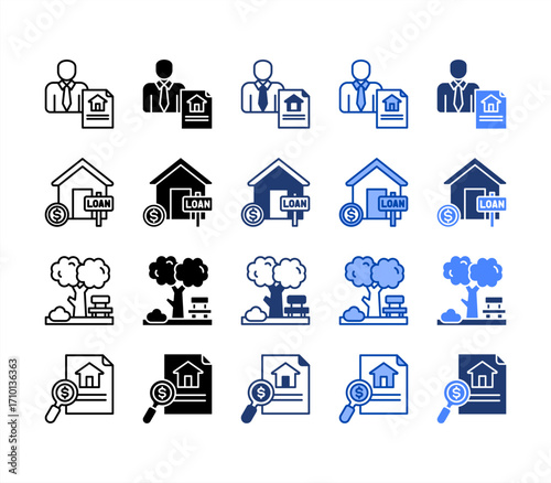 Agent, Loan, Garden, Contract, multiple style icon set.
