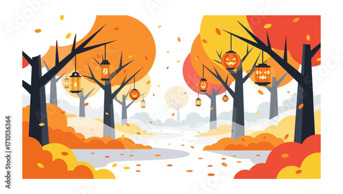 Autumn Forest: A captivating illustration of a pathway through a mesmerizing autumn forest, with vibrant trees adorned with seasonal lanterns. Leaves gently cascade.