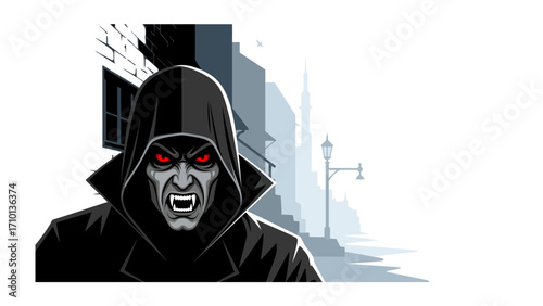Sinister Stare: A chilling illustration of a vampire with glowing eyes emerging from the shadows of a city street, the epitome of night's dark mysteries. 