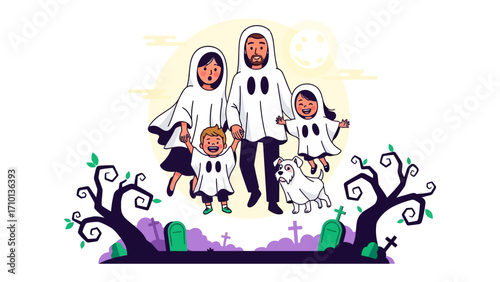 Halloween Family Portrait: A festive and heartwarming illustration of a family dressed as ghosts, surrounded by Halloween decorations.