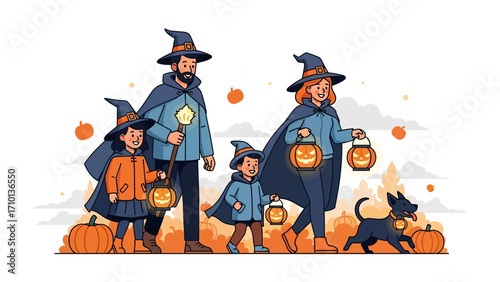 Halloween Family Gathering: A heartwarming depiction of a family dressed in costumes, venturing out on Halloween, carrying carved pumpkins and lit lanterns, as they embark on a festive adventure.