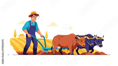 Farmer Tilling the Soil: A farmer diligently tills the land with a plow pulled by oxen. This illustration depicts the strength of rural life and traditional farming.