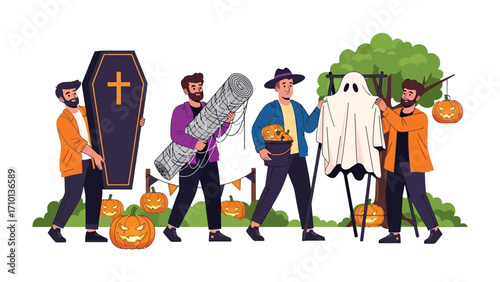 Halloween Prep: Group of friends in costumes prepares for Halloween with props like coffin, ghost, and pumpkin in cheerful and vibrant illustration.