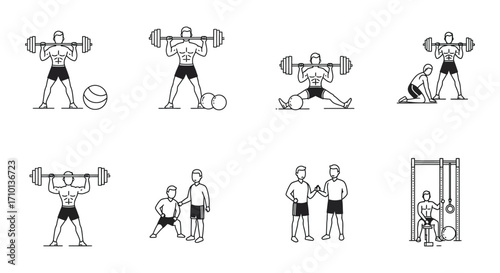 Weightlifting exercises icons showing diverse barbell and strength training moves