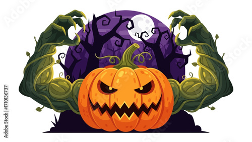 Spooky Jack-o'-Lantern: A fierce jack-o'-lantern with glowing eyes and a menacing grin, framed by gnarled, vine-like arms against a full moon night, celebrating the thrills of Halloween. 