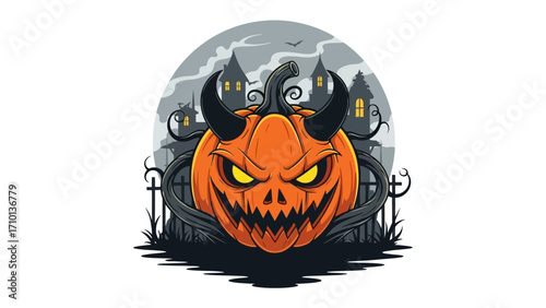 Sinister Pumpkin: A stylized illustration featuring an intimidating pumpkin adorned with devilish horns and an eerie expression, set against a haunted backdrop.