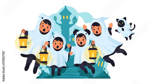 Halloween Celebration: Little children, adorned in playful costumes, joyfully embrace the Halloween spirit with lanterns and whimsical decorations, bringing a touch of magic to the festive occasion.