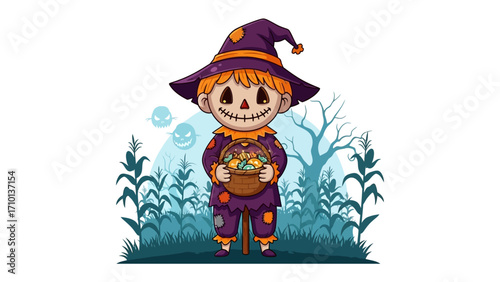 Spooky Scarecrow's Harvest: A charming illustration of a scarecrow, with a jack-o'-lantern smile, holds a basket filled with seasonal bounty, against the backdrop of a misty autumn landscape.