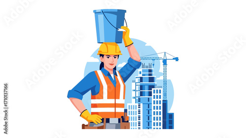 Construction Worker with a Bucket: A determined construction worker confidently balances a bucket on her head while standing in front of a backdrop of skyscrapers.
