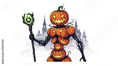 Mysterious Pumpkin Figure: A spooky, illustration of a pumpkin figure standing boldly against a backdrop, embodying the eerie spirit of Halloween. 