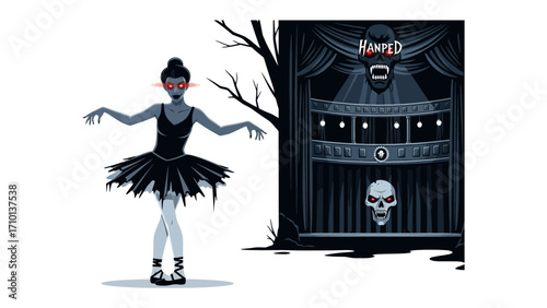 Haunted Ballerina in Sinister Shadow: A stylized image presents a haunting ballerina, her eyes glowing with an eerie red intensity. beside a macabre theater.
