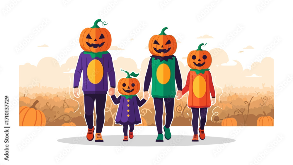 Fototapeta premium Spooky Family in Halloween: A vibrant illustration depicts a family of four dressed in playful pumpkin costumes, walking through a festive pumpkin patch, capturing the spirit of Halloween.